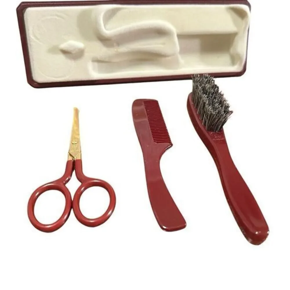 Vintage 3 Piece Baby Grooming Kit Comb Brush Safety Scissors In Box Germany Rare